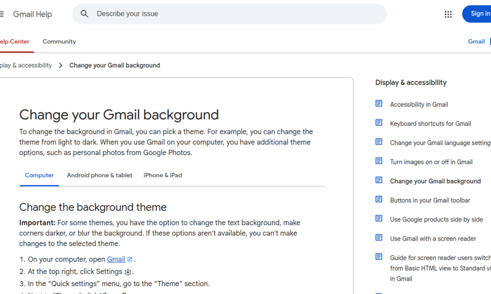 Gmail theme settings from the official Gmail Help guide for dark mode