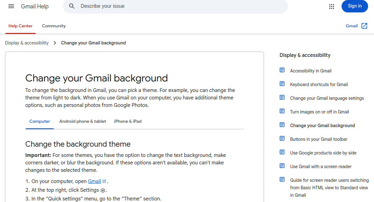 Gmail theme settings from the official Gmail Help guide for dark mode