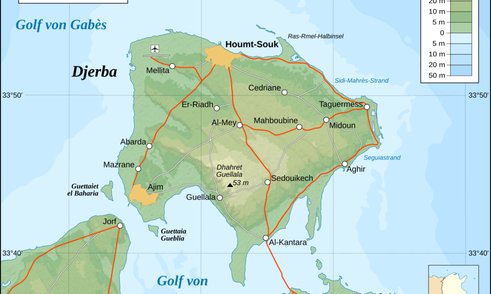 Topographic map of Djerba island in Tunisia for the October 2026 travel alert