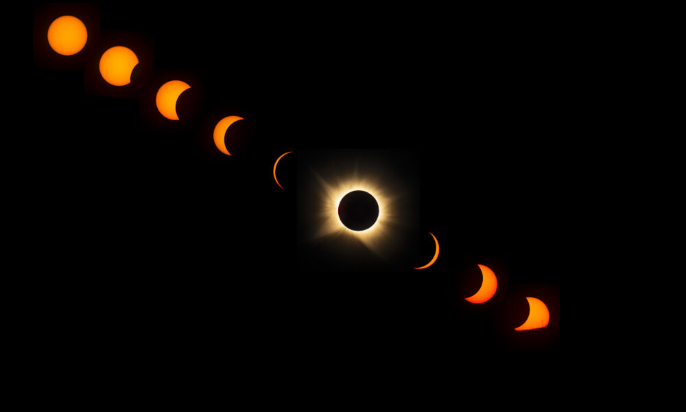 Real NASA/Bill Ingalls August 12, 2026 total solar eclipse photograph sequence, showing the Moon covering the Sun and the solar corona during totality