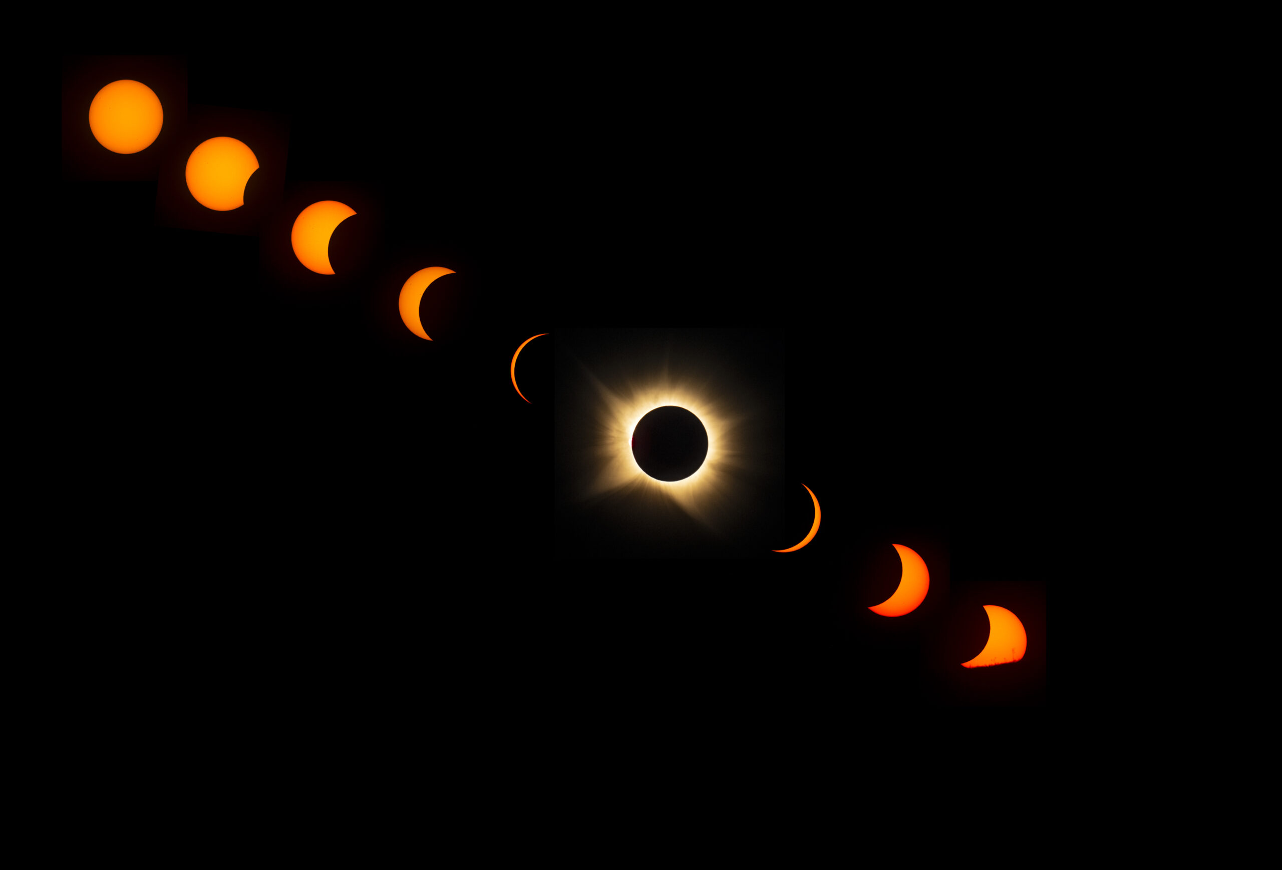 Actual NASA/Bill Ingalls composite of photographs of the August 12, 2026 total solar eclipse, including partial stages and the solar corona at totality