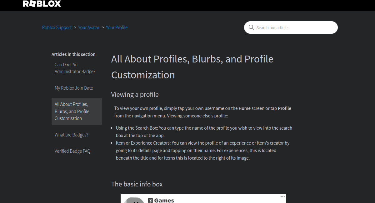 Roblox profile customization and avatar preview from the official Roblox Support guide