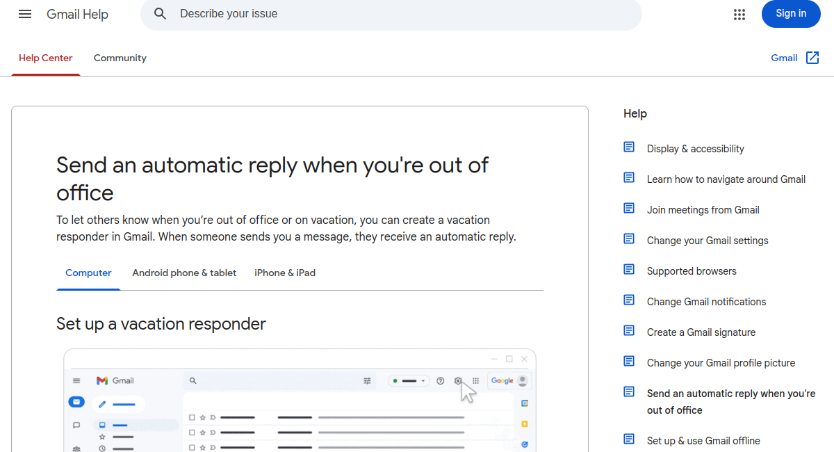 Official source page screenshot for Gmail Auto Reply (2026): Vacation Responder on Desktop, iPhone and Android