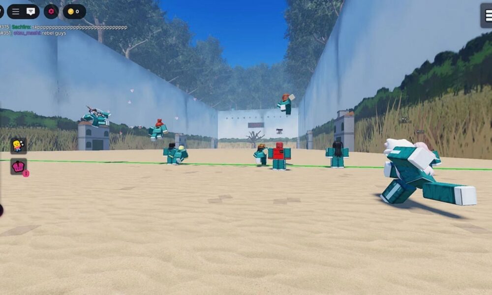 Ink Game Roblox gameplay screenshot showing participants in the Red Light Green Light arena