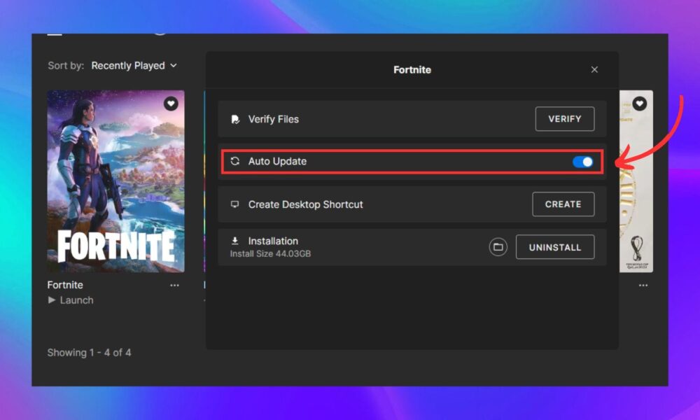 Epic Games Launcher Fortnite management screen with Auto Update enabled