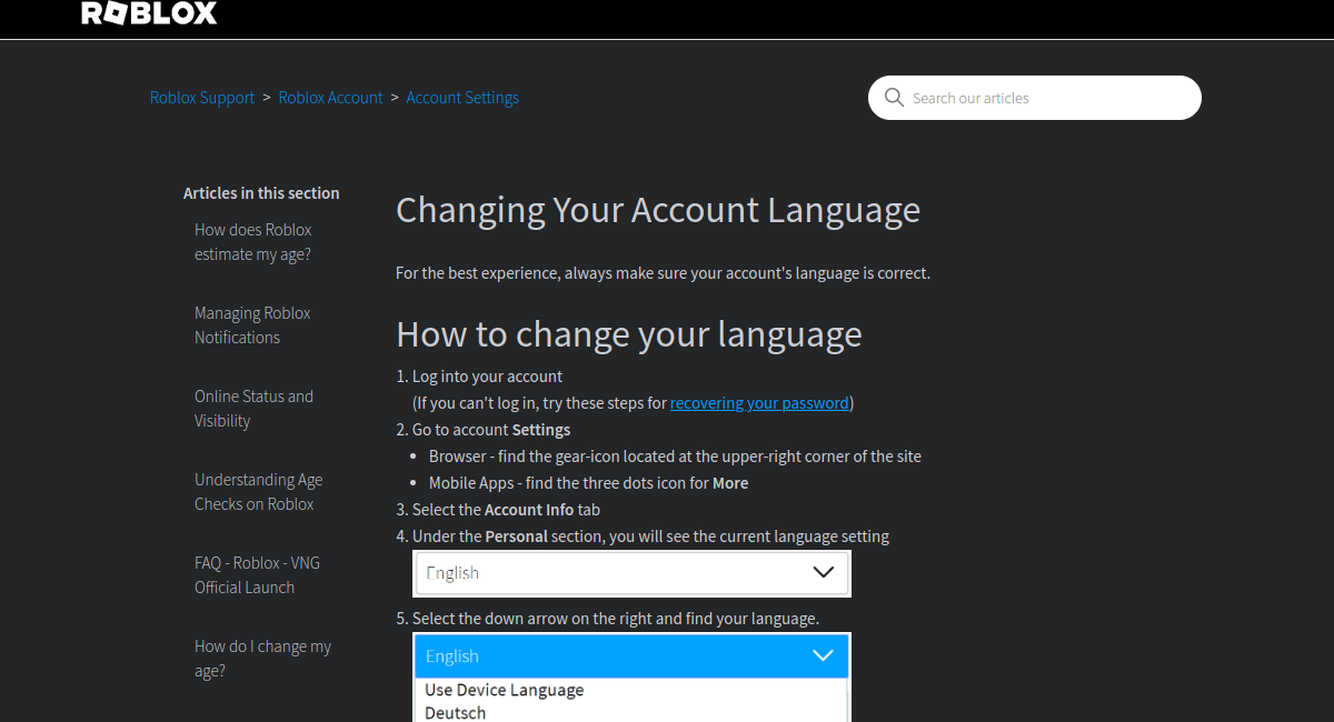 Official source page screenshot for How to Change Language on Roblox (2026): PC, Mobile and Xbox