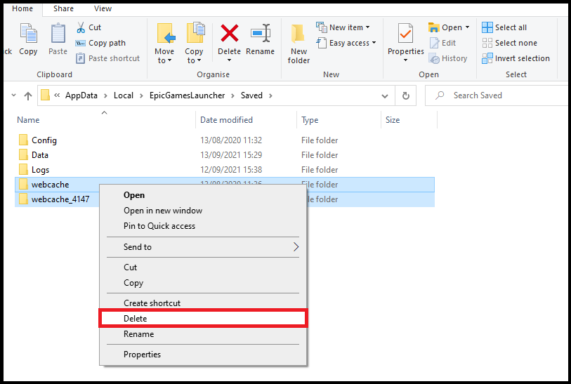 Windows File Explorer showing Epic Games Launcher webcache folders for Fortnite PC crash troubleshooting