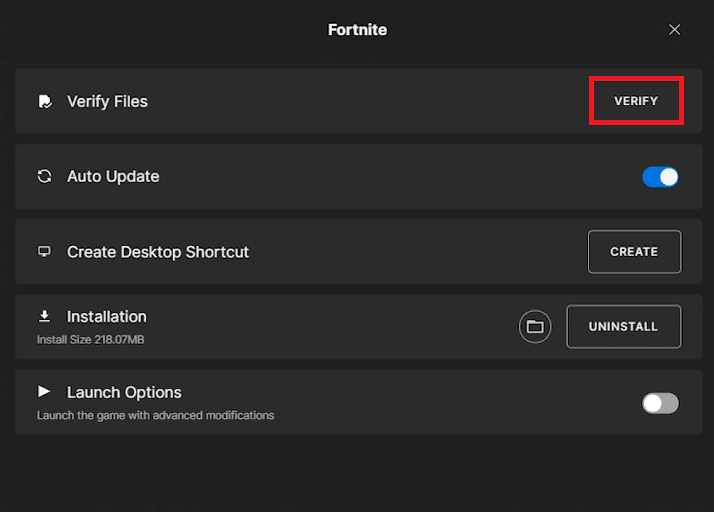 Epic Games Launcher Fortnite management screen showing the Verify files option