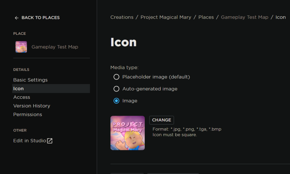 Roblox Creator Dashboard Icon settings for uploading a square experience icon
