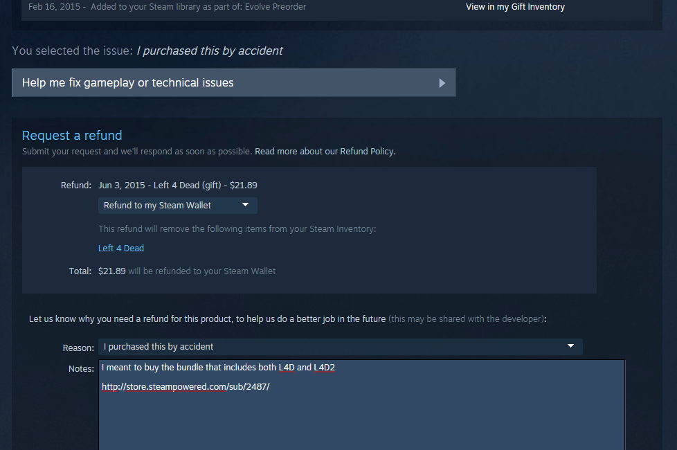 Steam Support refund request form illustrating the 14-day and two-hour refund guide