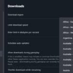 Steam Downloads settings showing download region and download behavior options