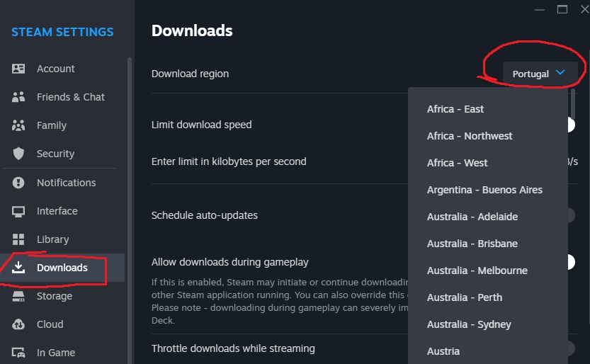 Steam Downloads settings showing download region and download behavior options