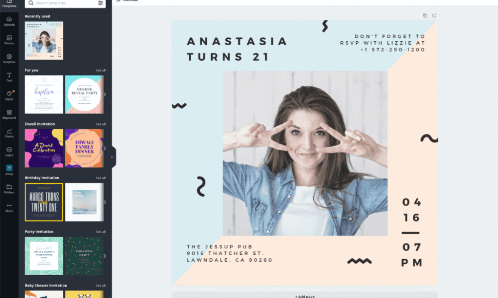 Canva invitation maker interface