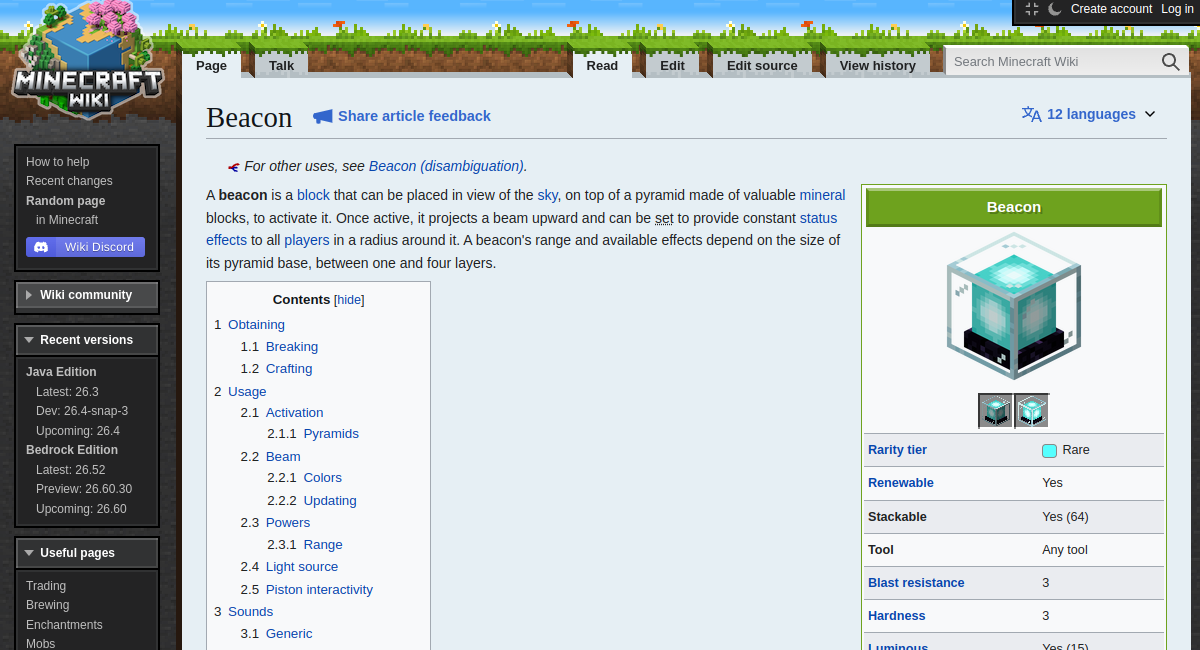 Official source page screenshot for Minecraft Beacon Guide (2026): Recipe, Pyramid Sizes and Status Effects