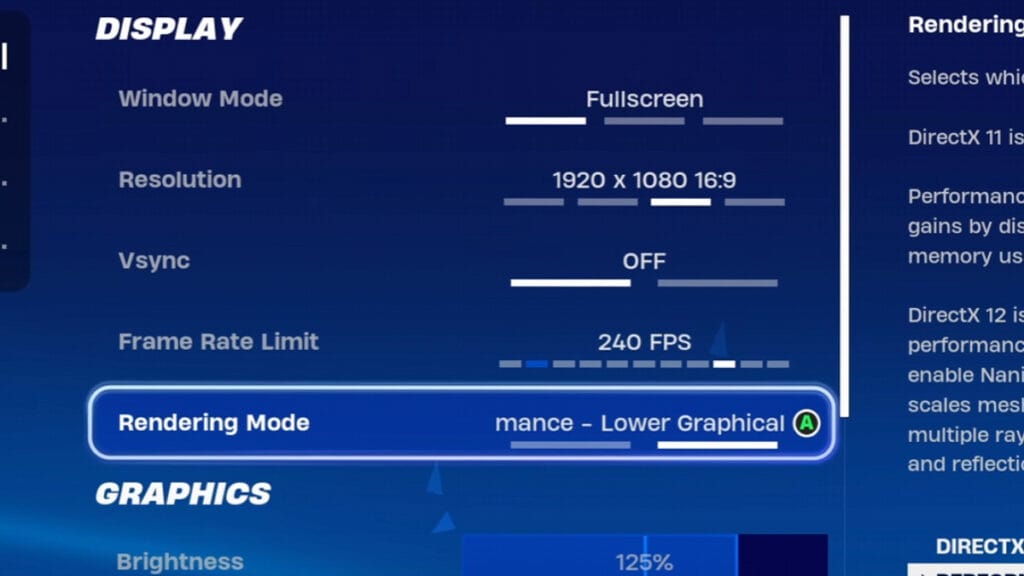 Fortnite display settings showing Performance rendering mode and frame rate controls