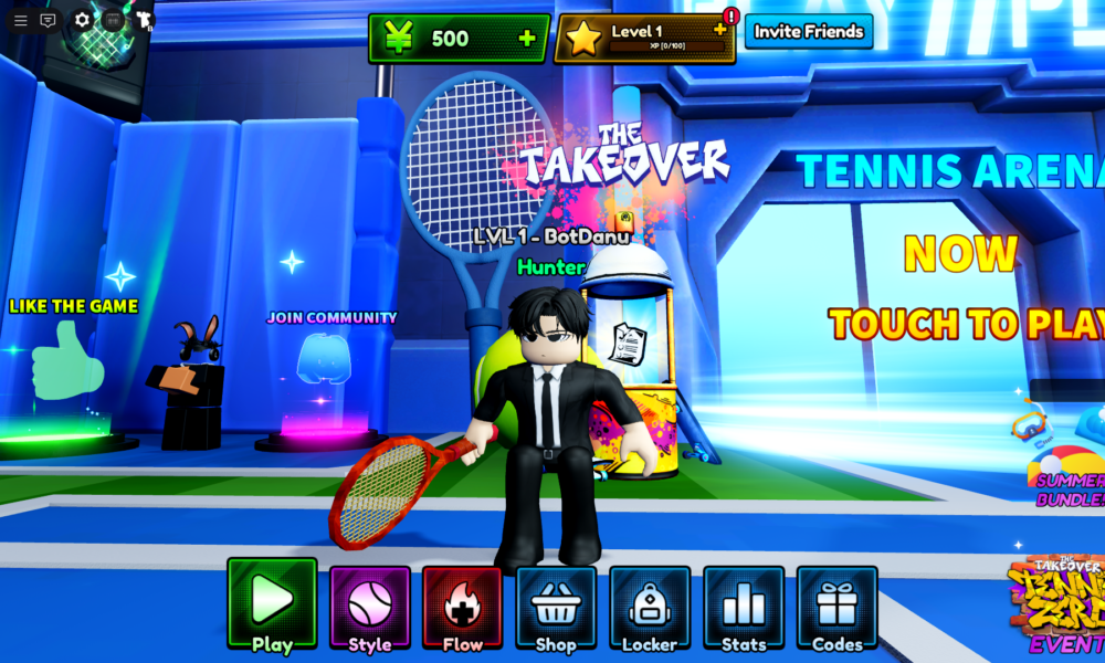 Tennis Zero Codes (October 2026): Lucky Style and Flow Spins Tennis Zero Roblox gameplay showing the in-game lobby, tennis racket, styles and codes menu