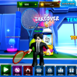 Tennis Zero Roblox gameplay showing the in-game lobby, tennis racket, styles and codes menu