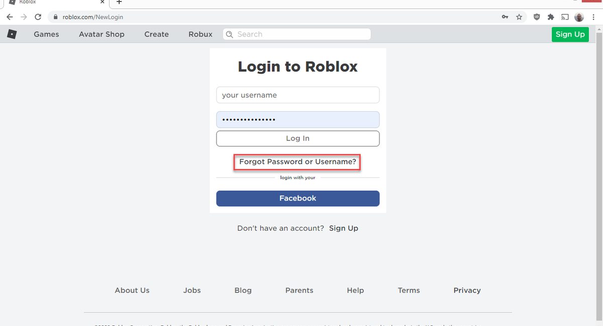 Roblox login page with password recovery option for a compromised account