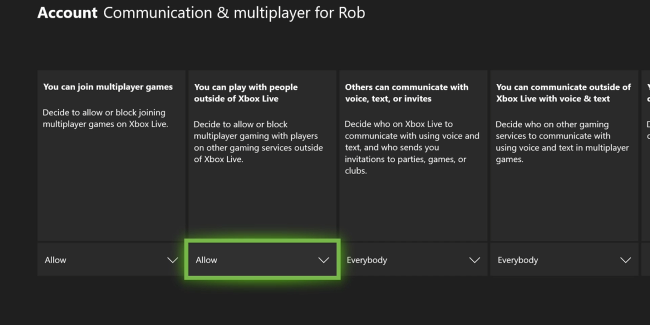Xbox family multiplayer permission settings used to enable Minecraft multiplayer for a child account