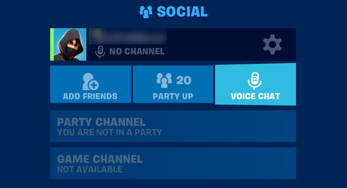 Fortnite Social menu showing Voice Chat, Party Channel and Game Channel controls