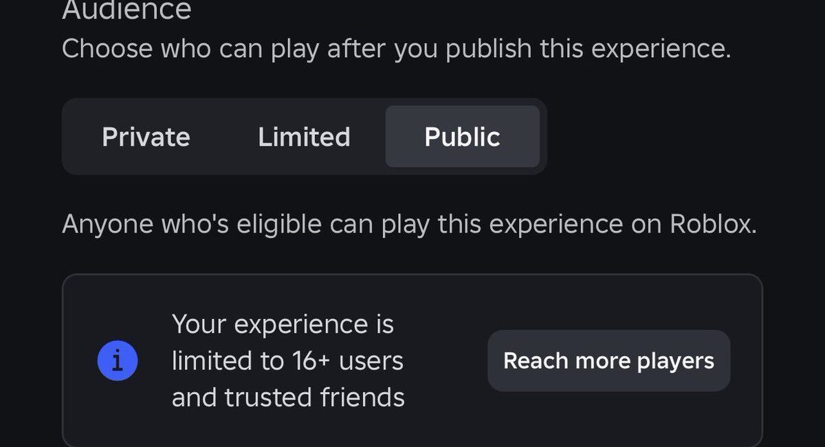 Roblox Creator Dashboard Audience settings showing Private, Limited and Public experience access