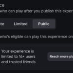Roblox Creator Dashboard Audience settings showing Private, Limited and Public experience access