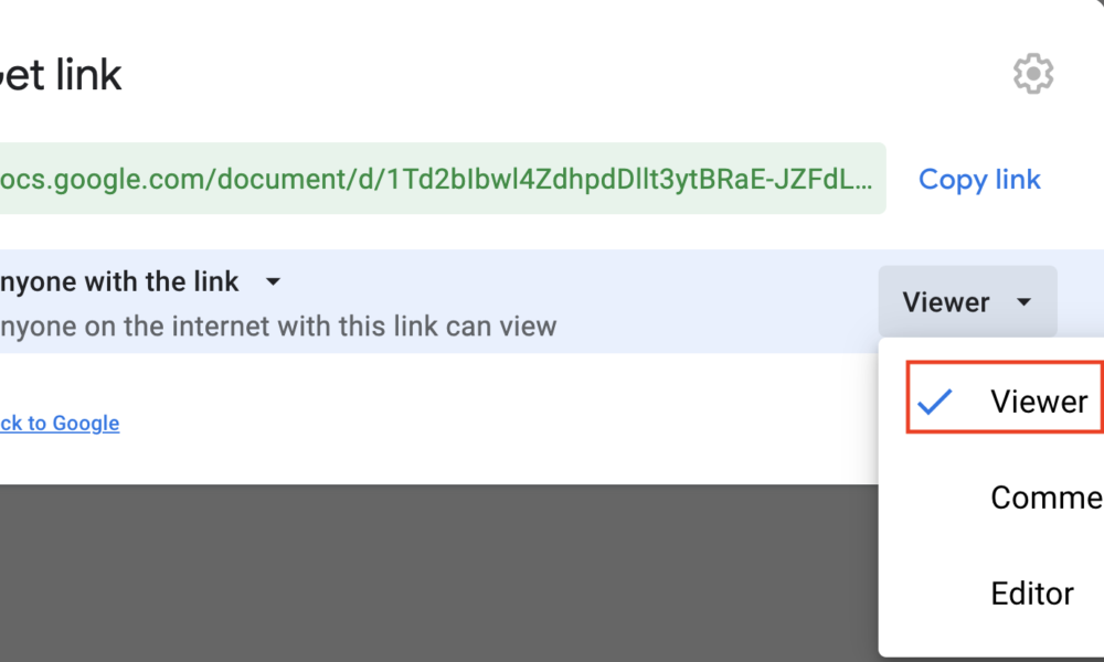 Google Drive sharing dialog showing Anyone with the link access and permission controls