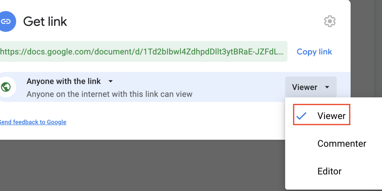 Google Drive sharing dialog showing Anyone with the link access and permission controls