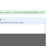 Google Drive sharing dialog showing Anyone with the link access and permission controls