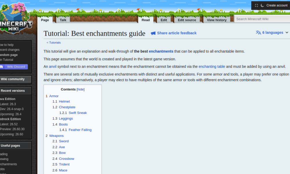 Best Minecraft Enchantments (2026): Armor, Pickaxe, Sword and Bow Official source page screenshot for Best Minecraft Enchantments (2026): Armor, Pickaxe, Sword and Bow
