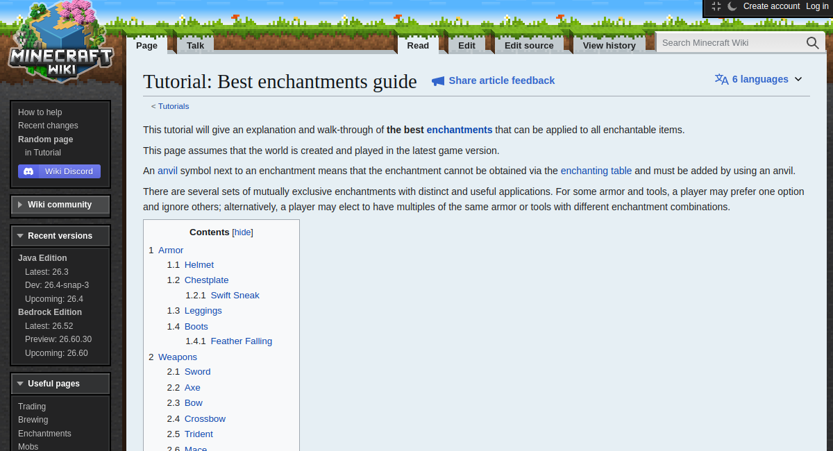 Official source page screenshot for Best Minecraft Enchantments (2026): Armor, Pickaxe, Sword and Bow
