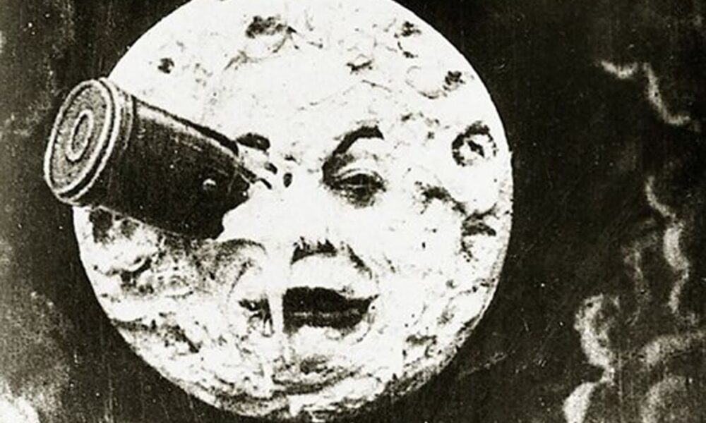 A real 1902 frame from Georges Méliès's A Trip to the Moon depicting the rocket in the eye of the Moon