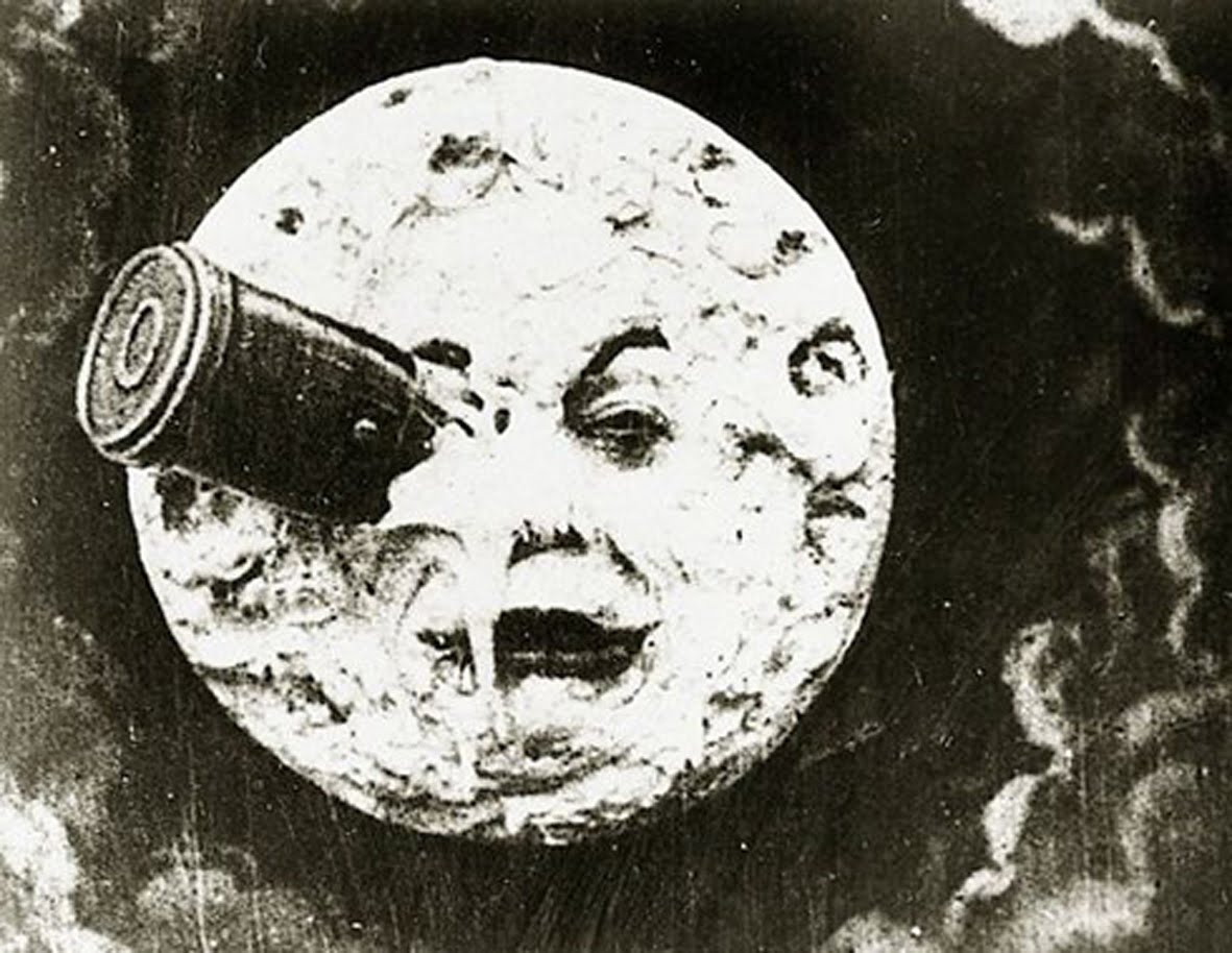 Authentic frame from the 1902 public-domain film A Trip to the Moon by Georges Méliès showing a rocket in the Moon's eye