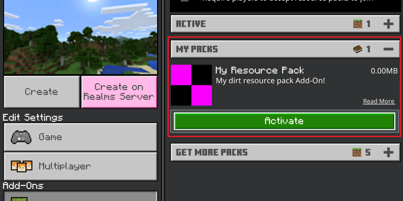 Minecraft Bedrock Resource Packs screen showing an Add-On pack and the Activate button