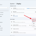 Windows 11 Display settings showing Scale and layout percentages for text and app size
