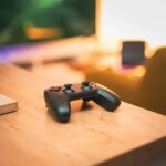 Game controller on a cool-toned gaming background