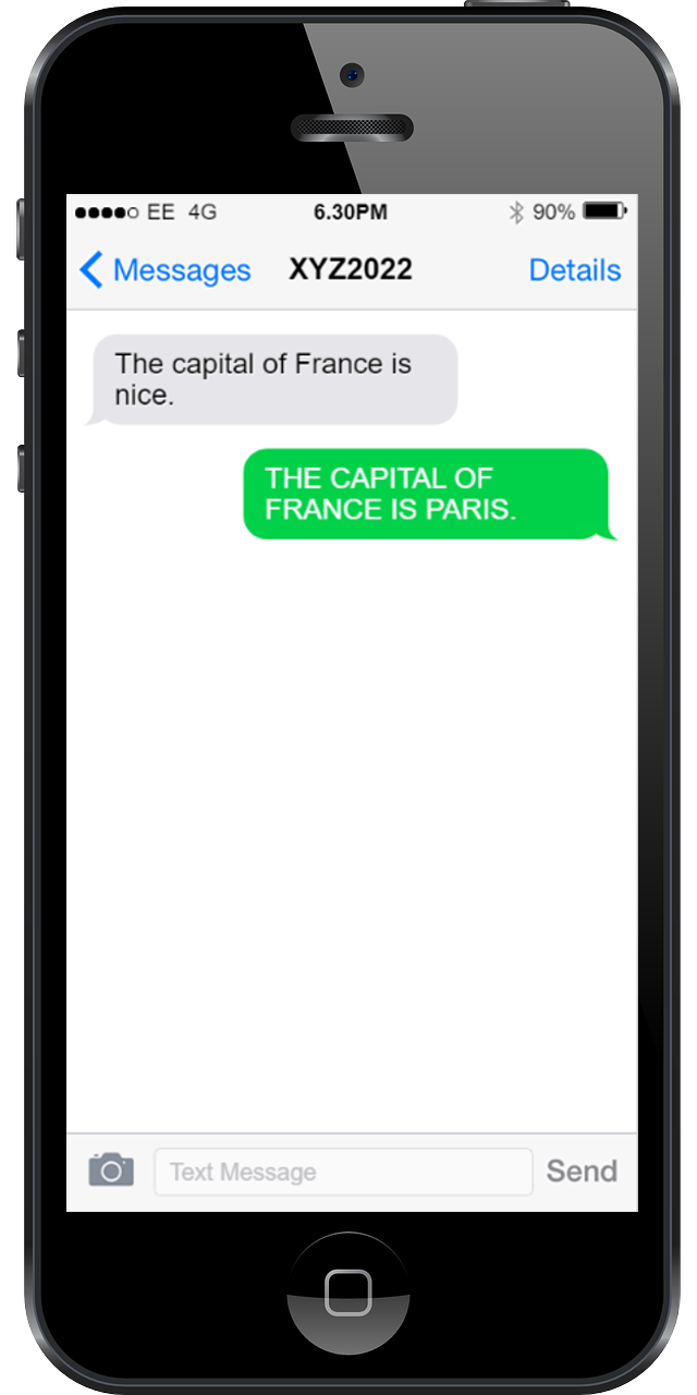 Illustrative text conversation on a phone for playing 20 Questions through messages