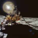 Real Apollo 14 Antares lunar module standing on the Moon in February 1971, photographed by NASA astronauts