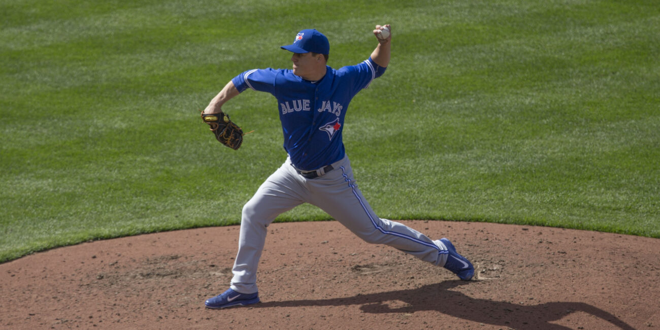 Toronto Blue Jays relief pitcher Aaron Loup preparing to pitch against the Baltimore Orioles in 2015