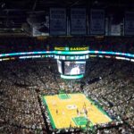 Basketball game viewed from seats at TD Garden arena