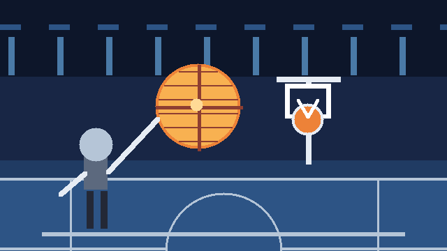 Original editorial basketball illustration showing a ball, hoop and indoor court, inspired by the Basketball Zero Roblox genre
