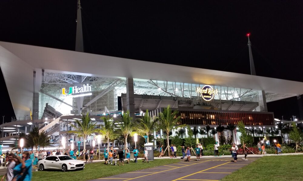 Archival view of Hard Rock Stadium in Miami Gardens, venue for the Bengals versus Dolphins NFL game