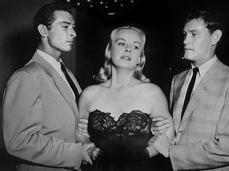 Original The Big Combo publicity photo with three principal actors in a tense encounter