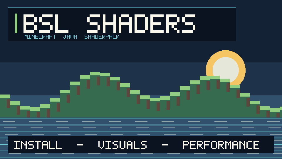 Original Minecraft-inspired voxel landscape illustrating BSL Shaders lighting with reflective water and dramatic shadows for Java Edition