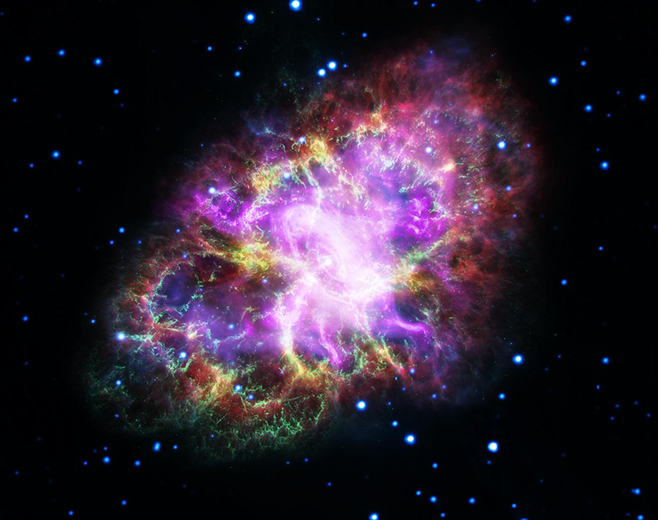 Authentic NASA Crab Nebula multiwavelength observation from five telescopes with real radio infrared optical ultraviolet and X-ray measurement colors