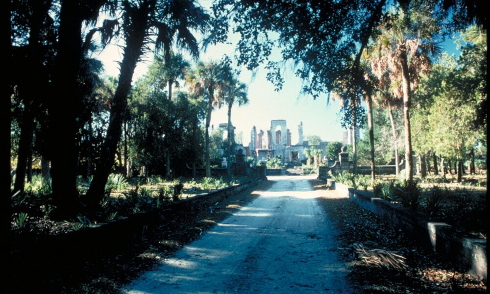 Real NPS photograph of the Dungeness mansion ruins at Cumberland Island National Seashore, Georgia, seen along a tree-lined sandy path