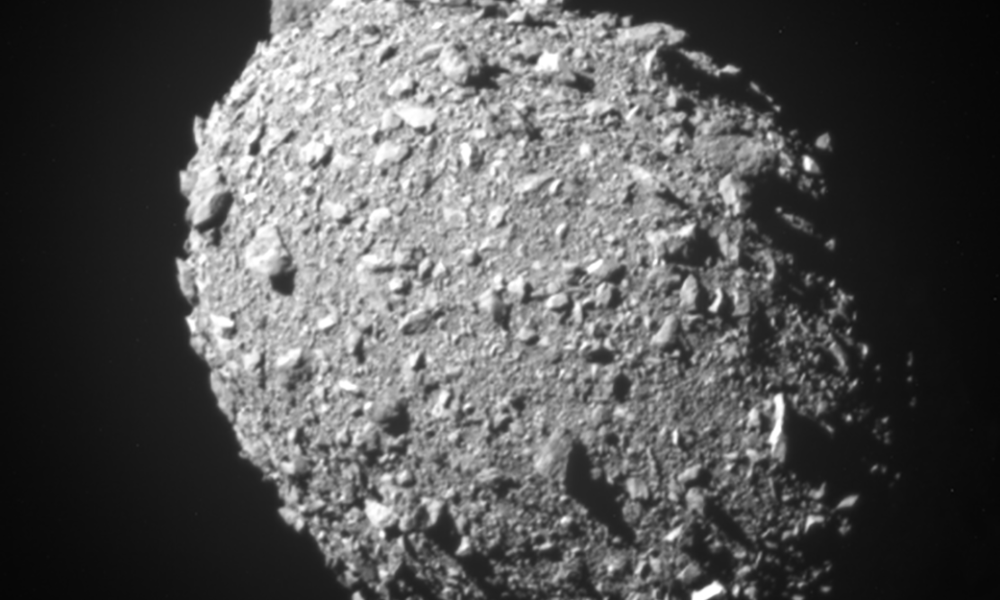Asteroid Dimorphos in a real DRACO camera image captured 11 seconds before NASA's DART impact on September 26, 2022