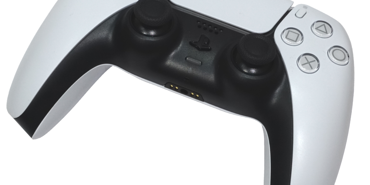 Real white PlayStation DualSense controller photographed against a plain background