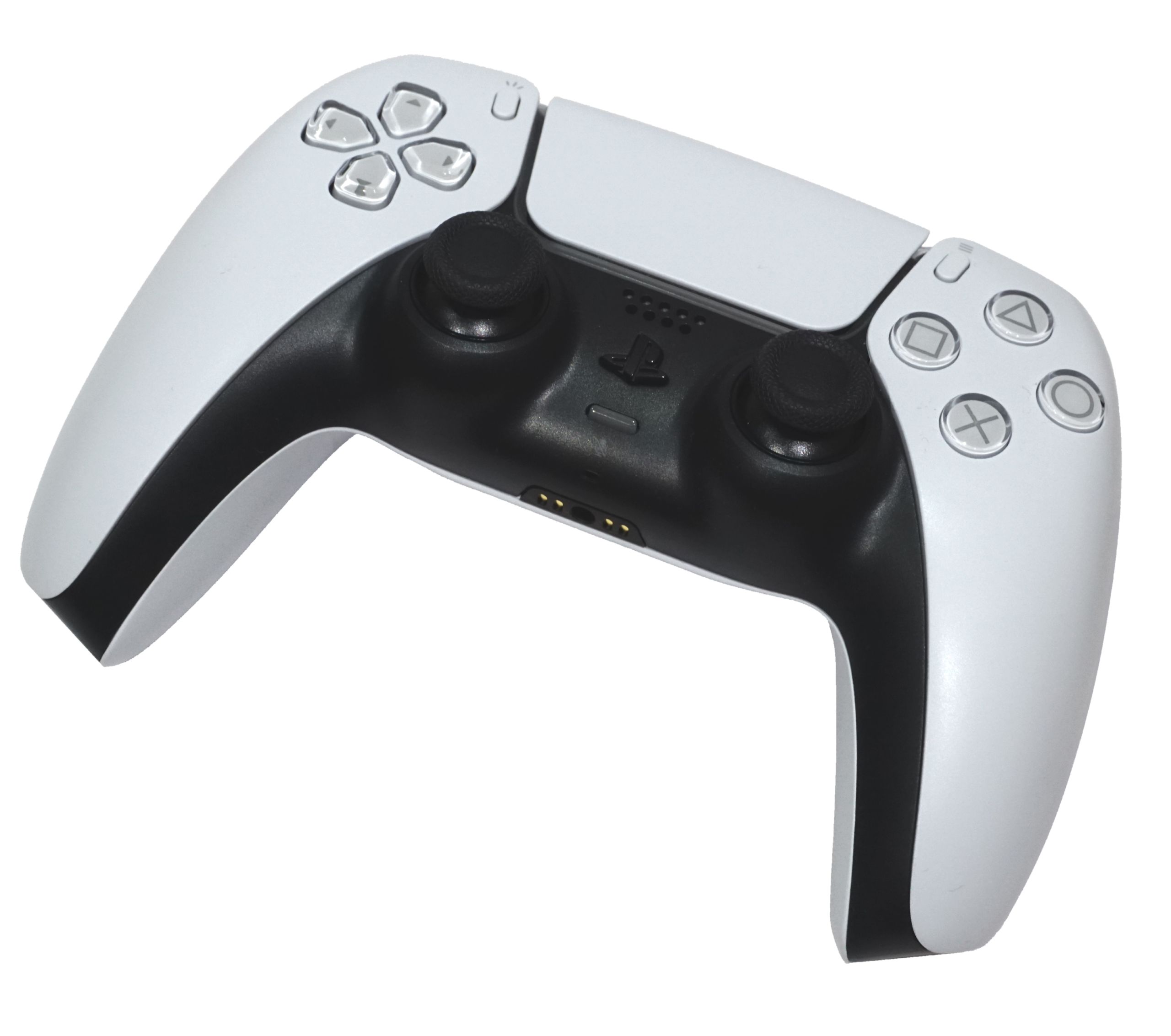 White Sony PlayStation 5 DualSense wireless controller photographed against a plain background