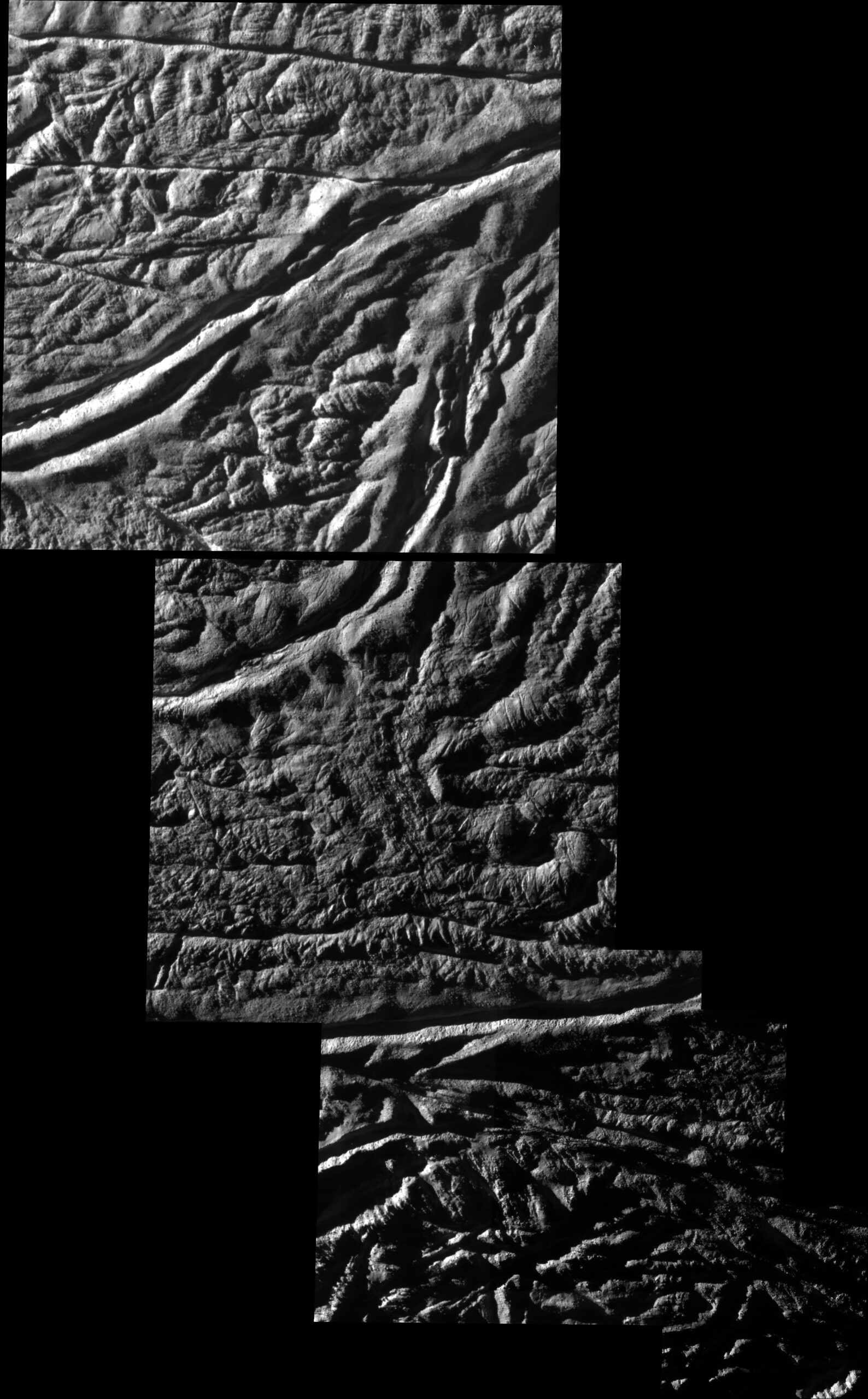 Real NASA Cassini August 2008 close-up mosaic of Enceladus south polar Baghdad and Cairo tiger stripe ice fractures
